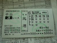 馬券1 (中山3R) (馬 6-2,3,4,9,13,16 500円)